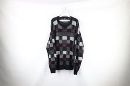 Vtg 90s Coogi Style Mens XL Ed Bassmaster Leather Trim Knit Sweater Checkered - £46.57 GBP