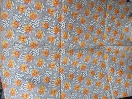 &quot;ORANGE &amp; WHITE  FLOWERS ON BLACK GRID PATTERN&quot;&quot; -  VINTAGE ESTATE FABRIC&quot;&quot; - $14.89