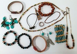 Boho Jewelry Lot Blue &amp; Brown Tones Necklaces Bracelets Pendants Earrings  - £19.59 GBP