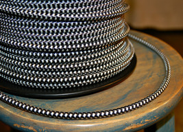 Black &amp; White Houndstooth Cloth Covered 3-Wire Round Cord, Vintage Lamp Pendants - £1.32 GBP