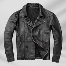Handmade Black Cowhide Leather Peacoat: Men&#39;s Military Style Jacket - $174.95