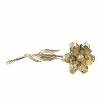 Vintage CORO Brooch Long Stemmed Flower Rose w/ Faux Pearl &amp; Rhinestones - £27.35 GBP