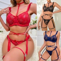 Seductive White Detailed Lace Ensemble With Bra & Garter Belt - Size Large image 4