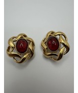 Vintage St John New York Gold Red Accent Clip Earrings 4cm - $60.19