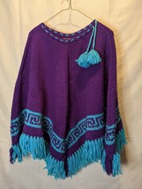 Vtg Retro Hand Knit Purple Turquoise Chunky Poncho Sweater Fringe Pom Poms - £22.05 GBP