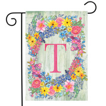 Spring Monogram Letter T Garden Flag Floral Wreath 12.5&quot; X 18&quot; - £11.98 GBP