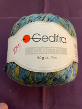 Gedifra Cubetto Bulky Weight Nylon Ribbon Yarn color #1180 Blue/Green/Gold - £2.97 GBP