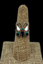 Vintage Zuni Sterling Silver Turquoise Multi Stone Inlay Butterfly Ring 7 - £26.89 GBP