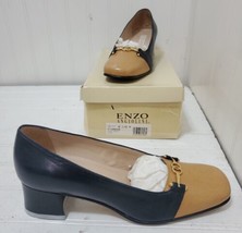 Vtg ENZO ANGIOLINI Leather Two 2 Tone Navy &amp; Tan / Gold Slip On Shoes Womens 6.5 - £46.29 GBP