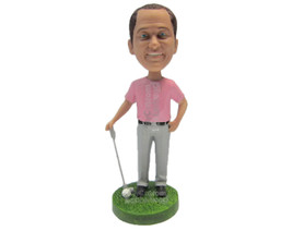 Custom Bobblehead Male Golfer Wearing Casual Attire Posing With Golf Stick And B - £71.14 GBP