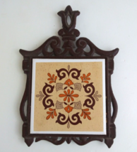 Vintage Cherry Cast Iron Footed Trivet &amp; Ceramic Tile Wall Plaque Made In Japan - £11.62 GBP