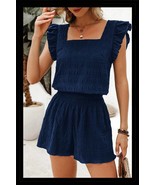 Dirty Blue Textured Ruffle Top and Shirred High Waist Shorts Set - €22,47 EUR