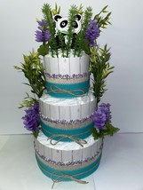 Teal and Purple Panda Bear Baby Shower Rustic Bamboo Diaper Cake Centerpiece - £63.01 GBP