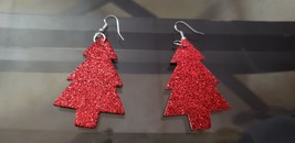 Faux Leather Dangle Earrings (New) Red Glitter Tree #3 - £4.45 GBP