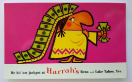 Harrahs Club Casino Postcard Money Chief With Cash Reno Lake Tahoe Nevad... - $6.92