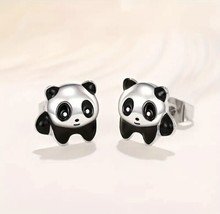 Panda Earrings Adorable Silver Black Stainless Steel New With Tags - £7.90 GBP