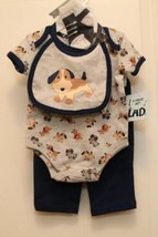 4 p Outfit Little Lad 0 3 m Puppy Dog Bodysuit Tee Shirt Pant Bib Sock Baby Gift - £12.63 GBP