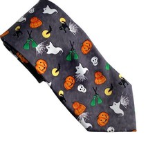 Hallmark Holiday Traditions Halloween Men&#39;s Tie Pumpkin Skulls Ghosts Black Cat - £11.86 GBP