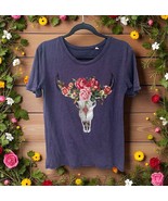 Mighty Fine short sleeve T-Shirt Womens Size L Floral Roses Skull cow we... - $255.23 MXN