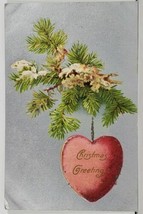 Christmas Greetings Pine Branch Suspended Heart Embossed Postcard L15 - $3.95