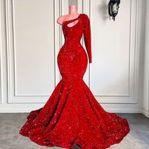 Red Sequined Prom Dresses Custom One Shoulder Sparkly Formal Occasion Dr... - £141.43 GBP
