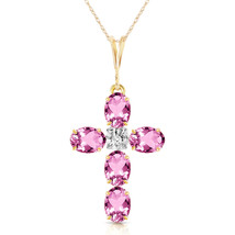 14K Solid Gold Diamond Cross Necklace 1.88 ctw Pink Topaz November Birthstone - £317.68 GBP