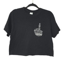 Gildan Womens Medium T Shirt Black Cropped Skeleton Middle Finger - $15.96