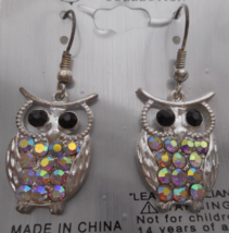 SilverTone Metal Color Crystal Rhinestone Eyes Owl Drop Fish Hook Earring 1 1/2&quot; - £9.93 GBP