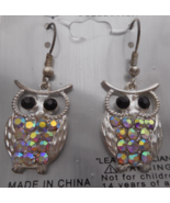 SilverTone Metal Color Crystal Rhinestone Eyes Owl Drop Fish Hook Earrin... - £9.83 GBP