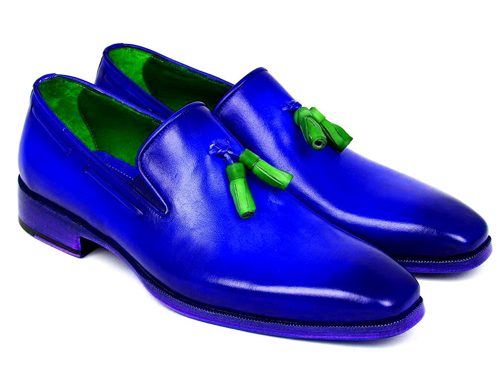 New Two Tone Blue Burnished Rounded Toe Green Tassel Loafer Genuine Leather Shoe