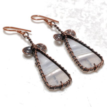 Blue Lace Agate Ethnic Copper Wire Wrap Drop Dangle Earrings Jewelry 2.60" SA 86 - £3.92 GBP