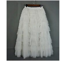 WHITE Layered Tulle Maxi Skirt Outfit Womens Plus Size Ruffle Tulle Skirt
