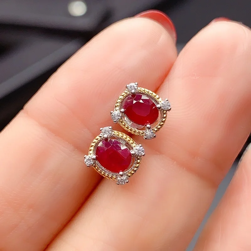 925 Sterling Silver  Natural Ruby Earrings New Trendy Ladies Ear Stud Support Te - £53.44 GBP