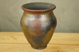 Vintage Studio Art Pottery Vase Flared Rim Flash Fire Metallic RAKU Glaze 5.75&quot; - £36.56 GBP