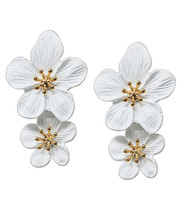Double Flower Drop Dangle Stud Earrings White and Gold - £10.41 GBP