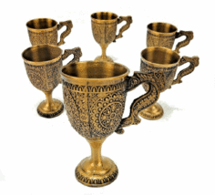 Cordial Cups Brass Metal Embossed with Handles Ornate Engraved Set of 6 Vintage - £132.58 GBP