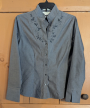 ORVIS Dress Shirt Womens Size 6 Gray 100% Cotton Wrinkle Free Floral Embroidered - £15.26 GBP