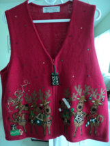 TIARA INTERNATIONAL RED CHRISTMAS VEST SIZE LG COTTON BLEND ZIPPER FRONT... - £7.06 GBP