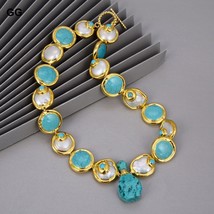 GuaiGuai Jewelry Natural Cultured Baroque Coin  Gold Color Plated Blue Turquoise - £265.09 GBP