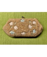 VINTAGE WHITE BEADED SEED PEARLS CLUTCH PURSE FLOWERS Mid-Century Kiss L... - €21,39 EUR