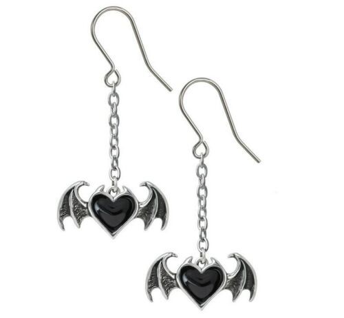 Alchemy Gothic Blacksoul Demon Wing Black Heart Dangling Chain Earrings E443 - $20.95