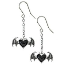 Alchemy Gothic Blacksoul Demon Wing Black Heart Dangling Chain Earrings E443 - £16.38 GBP