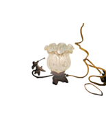 Fluted Tulip Shade Tiffany Style Bronze Cherubs Small Lamp Pink Blown Glass - $37.05
