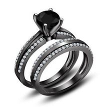 2.25 Ct Black Diamond 14k Black Gold Plated Bridal Set Engagement Wedding Ring - £86.78 GBP