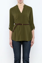 New Nordstrom Sweet Wanderer Green Belted Top Size Large Button Detail Sleeves - £23.15 GBP