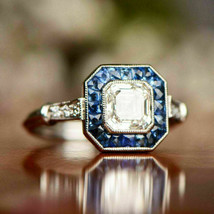 Vintage Art Deco Engagement Sapphire Halo Ring 3.3Ct Diamond 14K White Gold Over - £104.94 GBP