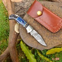 Damascus Steel  FOLDING blade POCKET Knife Hunting Camping Wood Handle E... - $23.72