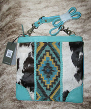 Myra #8930 Leather, Hairon, Rug, Canvas 11&quot;x10.5&quot; Crossbody Bag~Pckts~Turquoise~ - £28.85 GBP