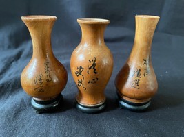 CHINESE Vases Antique PAIR HAND CARVED WOODEN MINIATURE VASES. Signed - £70.32 GBP