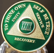 39 Year AA Medallion Green Gold Plated Alcoholics Anonymous Sobriety Chi... - £16.29 GBP